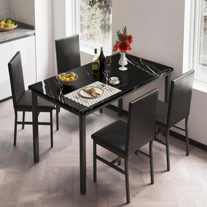 5 Piece Dining Set, Modern Dining Table and Chairs Set for 4, Counter Height Bar Table Set, Modern Pub Table with 4 Velvet Fabric Cushioned Stools, Faux Marble Dining Table & Stools Set, D9297