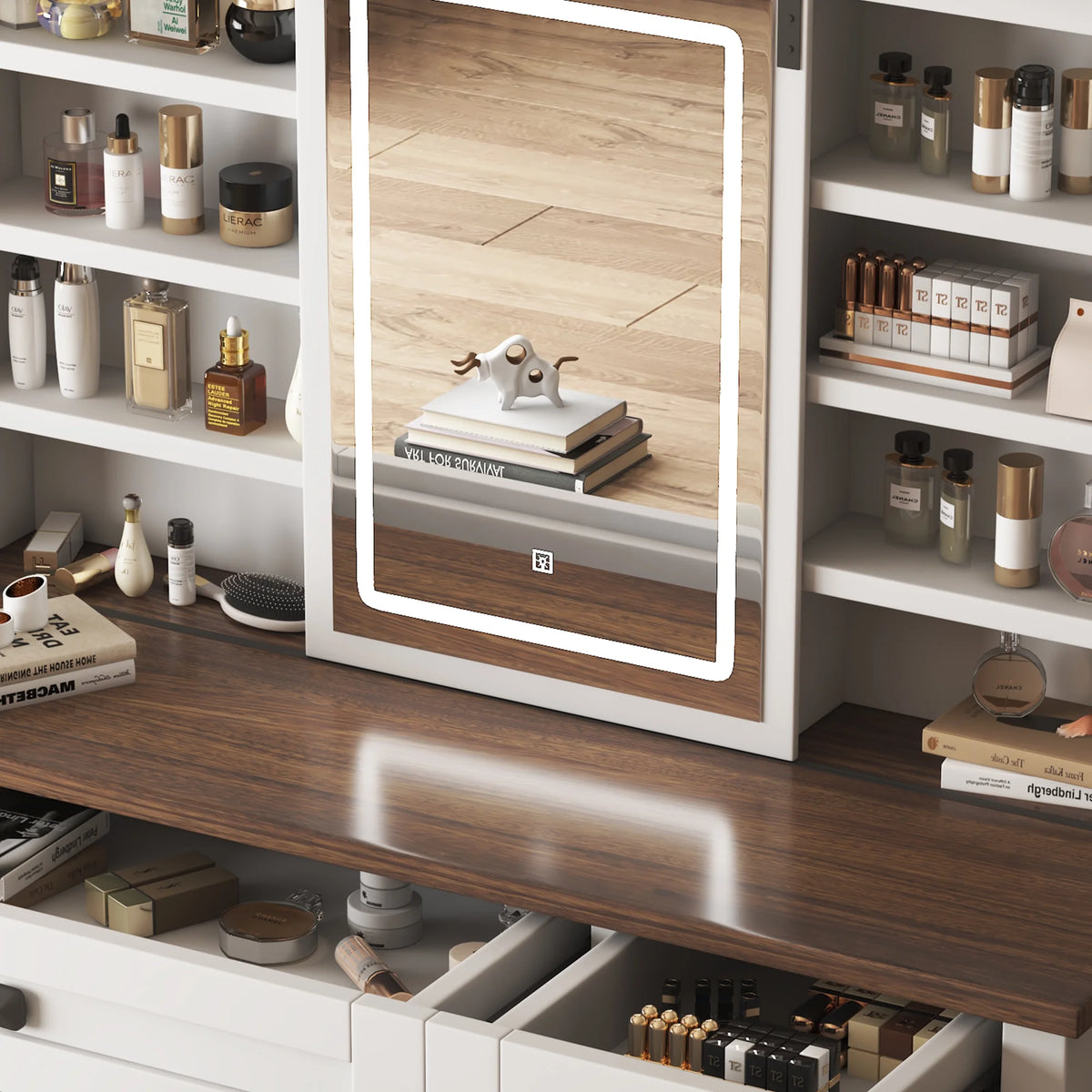 Montary Modern Mini Vanity w/Adjustable LED Mirror + Hidden Storage, Padded Stool & Dustproof Shelves (White)
