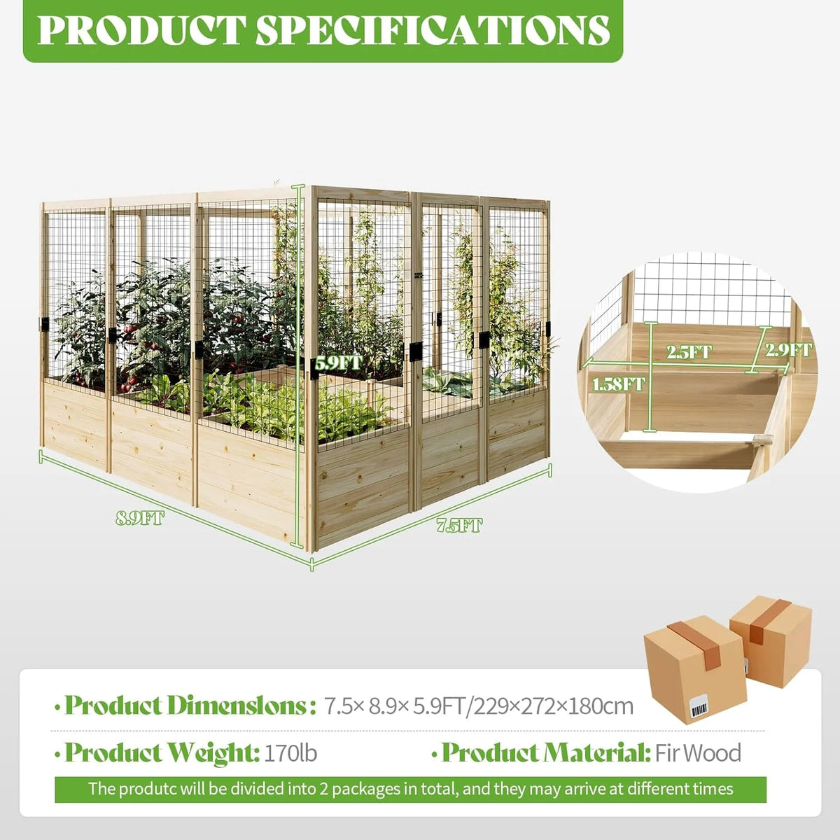 Jocisland Wooden Raised Garden Bed for Outdoor, Deep Large Planter Box with Netting for Gardening, Vegetables, Herbs��8��9��6 ft��