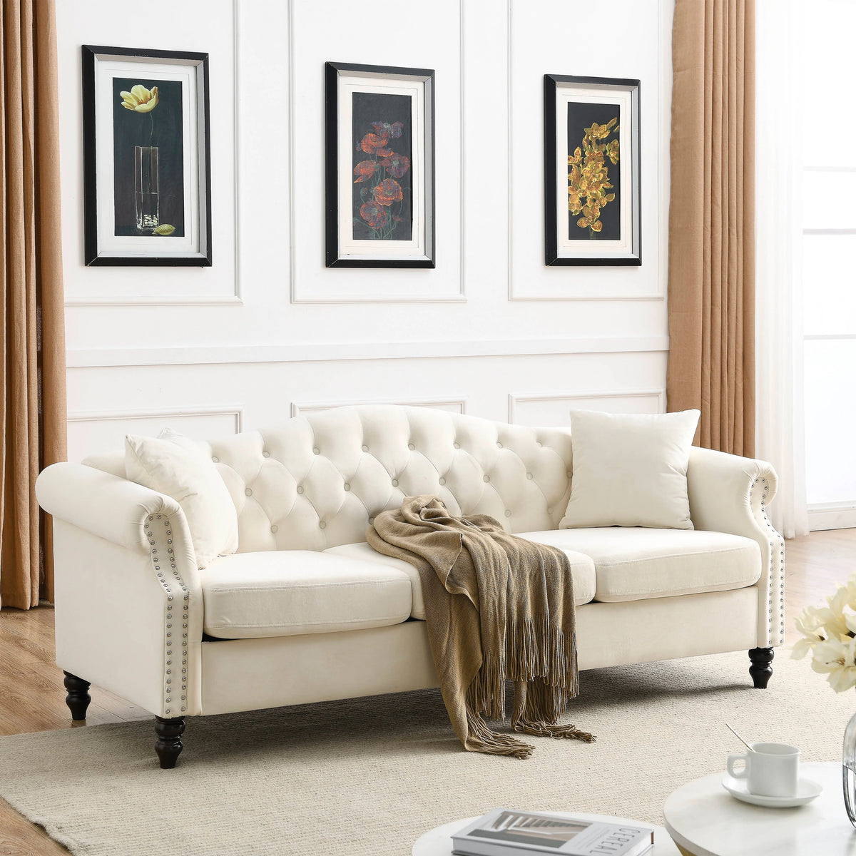 Chesterfield Upholstered Velvet Sofa, 3 Seater Button Tufted Couch with Nailhead Arms for Living Room Bedroom Office Apartment