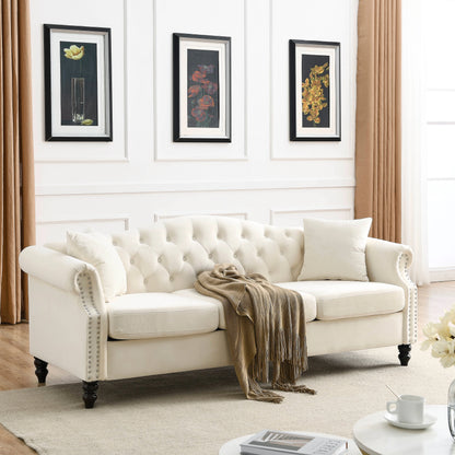 Chesterfield Upholstered Velvet Sofa, 3 Seater Button Tufted Couch with Nailhead Arms for Living Room Bedroom Office Apartment