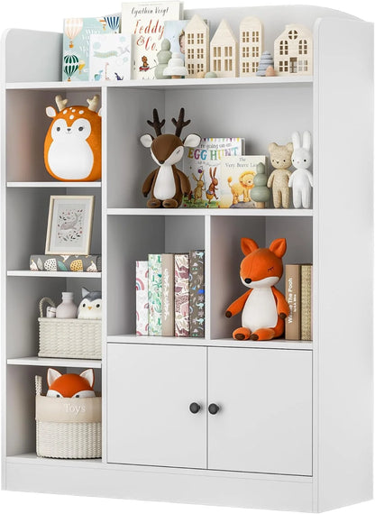 DIYART White Kids Bookshelf, Kids Bookcase with 7 Cubbies and 2 Cabinets, Freestanding Book Storage Shelves for Bedroom, Playroom, Hallway