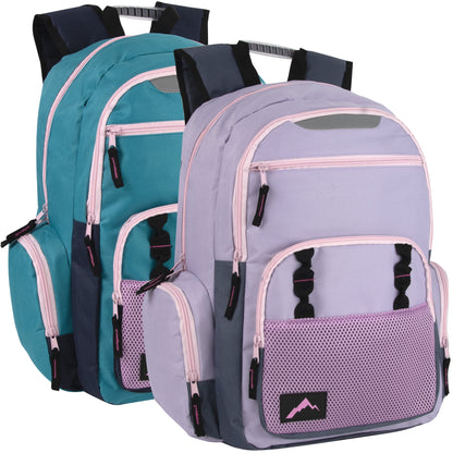 24 Pack of Bulk Wholesale Heavy Duty, Reflective, Dual Compartment, Multi-Pocket, Laptop Backpacks for Work, School, College, Classrooms, Charity and Homeless Donation in Male Colors Pack