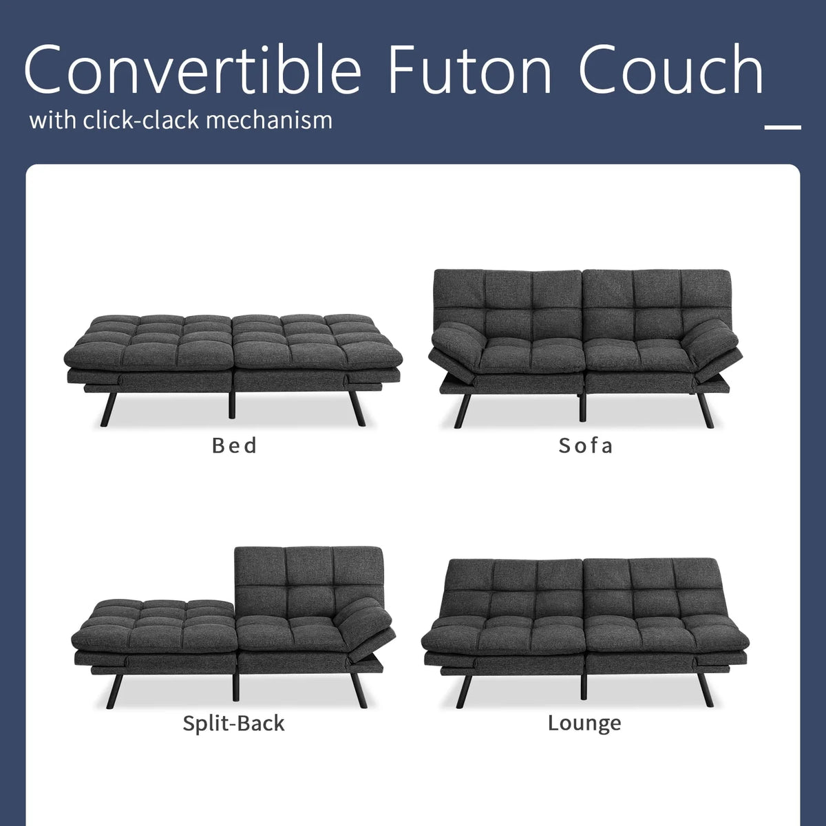 Convertible Memory Foam Futon Sofa Bed with Adjustable Armrests and Backrest,Gray