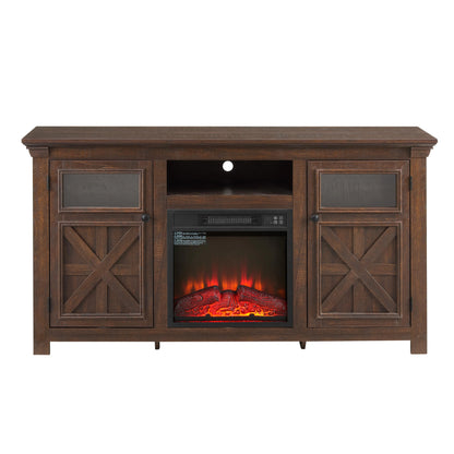 PAPROOS Fireplace TV Stand for 65 Inch TV, Modern Farmhouse TV Cabinet with 23'' Electric Fireplace, Entertainment Center Television Console Table for Living Room, Black+Brown