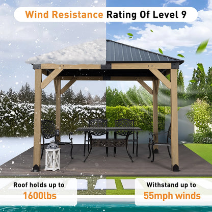 Aoodor 10 x 12 ft Wooden Frame Gazebo with 2-Tier Galvanized Metal Hardtop Roof, Outdoor Patio Gazebo with Charging Socket for Patio, Backyard, Deck, and Lawn
