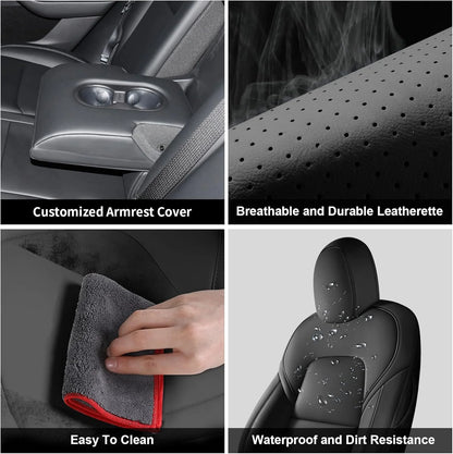 AOMSAZTO Car Seat Cover for Tesla Model Y 2023 2024 - Full Set Customized Faux Leather Seat Covers (Black,5 Seater)