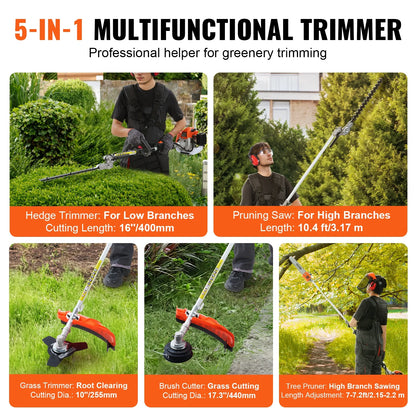 VEVOR 26CC 5-in-1 Multi-Functional Trimming Tools, Gas Hedge Trimmer, Weed Eater, String Trimmer, Edger, Pole Saw Chainsaw Pruner with Extension Pole