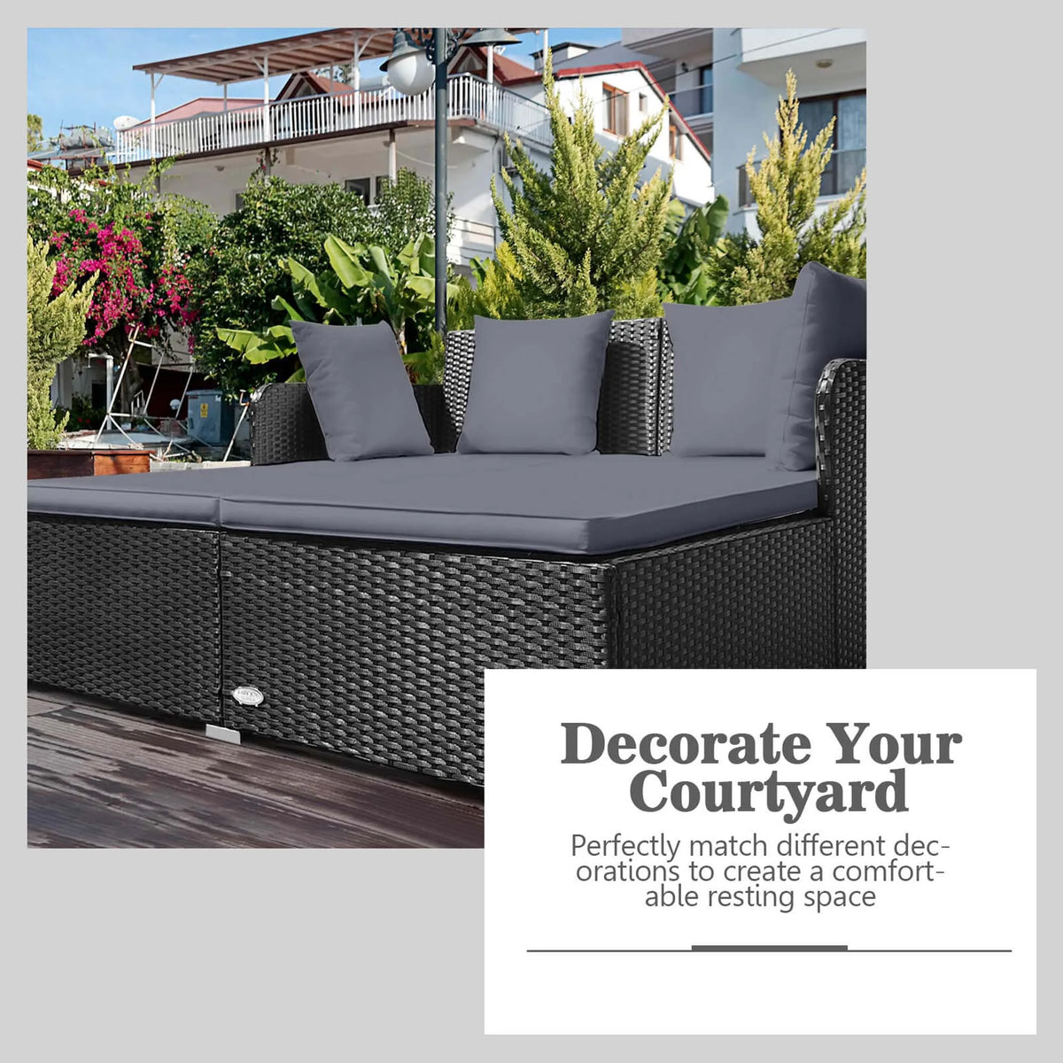 Costway Outdoor Patio Rattan Daybed Pillows Cushioned Sofa Furniture Beige