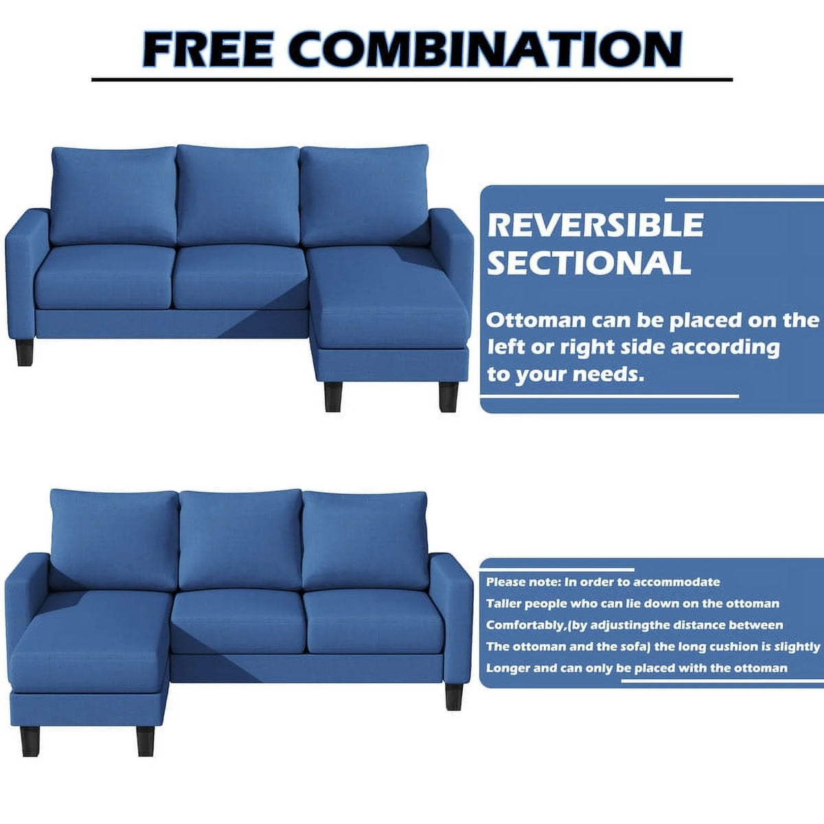 Homall Convertible Sectional Sofa Couch, Modern Linen Fabric L-Shaped Couch 3-Seat Sofa Sectional with Reversible Chaise for Small Living Room, Apartment and Small Space, Dark Gray