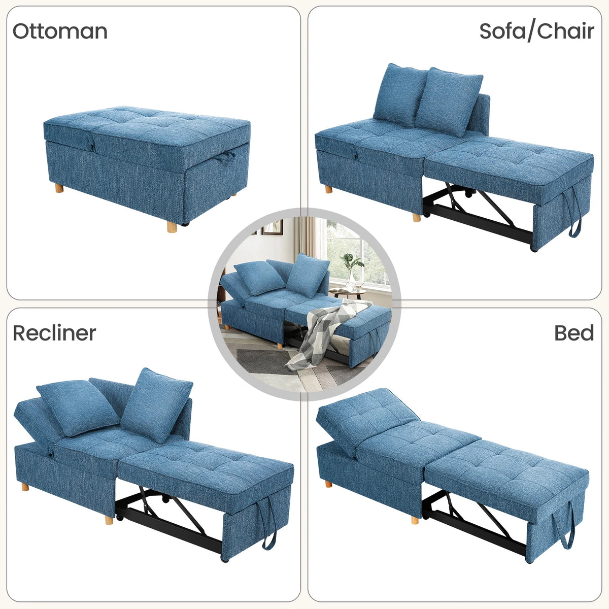 SEJOV 4-in-1 Convertible Sleeper Chair Bed, Linen Sofa Bed for Small Space, Futon Sofa with 2 Throw Pillows for Living Room, Single Recliner with 5 Adjustable Backrest for Bedroom Apartment, Brown