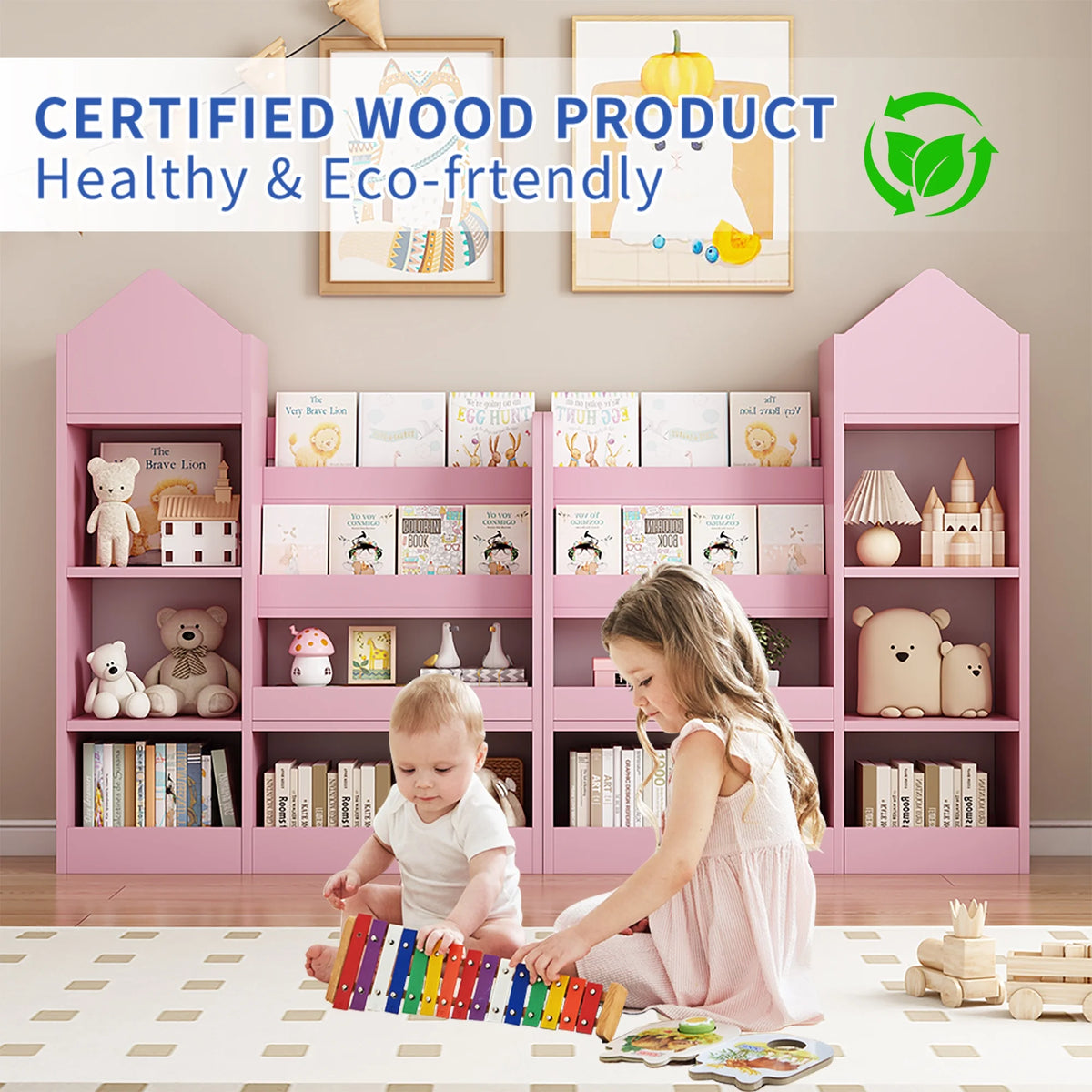 PORKISS Bookshelf for Kids, Wood Kids Bookcase with Toy Storage Organizer, Freestanding Book Shelf with 6 Compartments and 2 Baskets Bins for Kids Bedroom, Nursery, Playroom, Natural