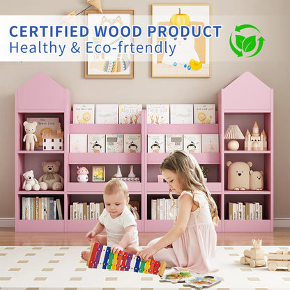 PORKISS Bookshelf for Kids, Wood Kids Bookcase with Toy Storage Organizer, Freestanding Book Shelf with 6 Compartments and 2 Baskets Bins for Kids Bedroom, Nursery, Playroom, Natural