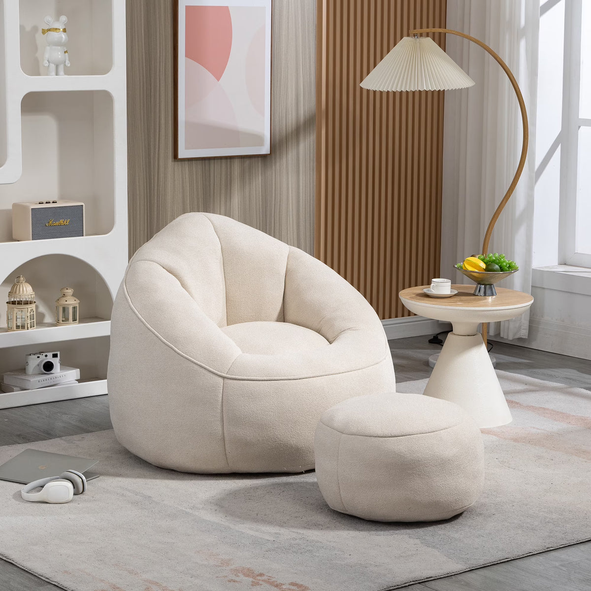 MOONMISS Microfiber Upholstered High Pressure Foam Round Lazy Bean Bag Sofa Chair with Ottoman-Gray