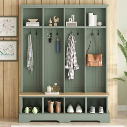 Farmhouse Hall Tree with Bench, 59" Wide Entryway Organizer with 8 Hooks & Storage Compartments, Modern Coat Rack & Shoe Bench for Mudroom,White