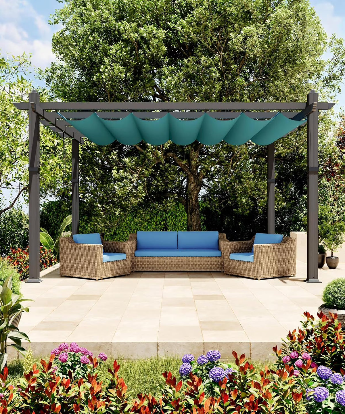 Outdoor Aluminum Pergola with Retractable Canopy, Reinforced 4-Sided Base, Waterproof & UV-Resistant Adjustable Roof, Modern Design for Patio, Deck, Backyard, and Garden