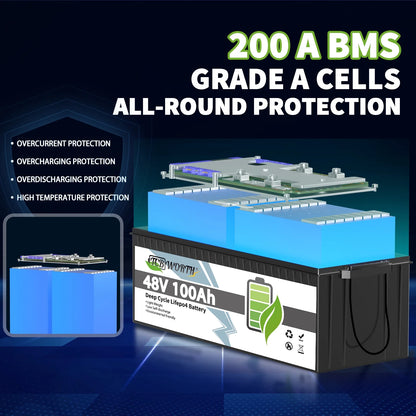 48V 100Ah LiFePO4 Lithium Battery Bluetooth,TCBWORTH Golf Carts Batteries for RV,Camping,Solar,Marine,Home Energy Storage,Built in 200A BMS,15000+Deep Cycles,2C Rate Discharging