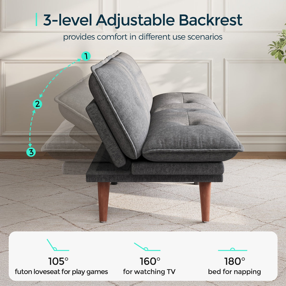 Linsy Home 70" W Chenille Convertible Futon Sofa Bed with Adjustable Armrests, Green