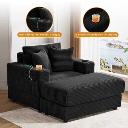 Wiilayok Oversized Lounge Chair Indoor,54" Corduroy Cloud Chaise Lounge Couch Indoor with Ottoman,Cup Holder for Living Room,Bedroom,Beige