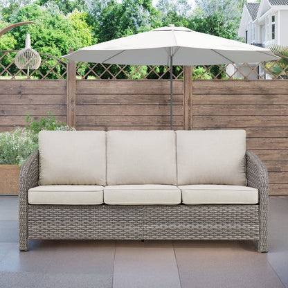 3-Seat Patio Wicker Sofa Outdoor Rattan Couch Furniture Steel Frame with Beige cushion&Waterproof Cover, Gray