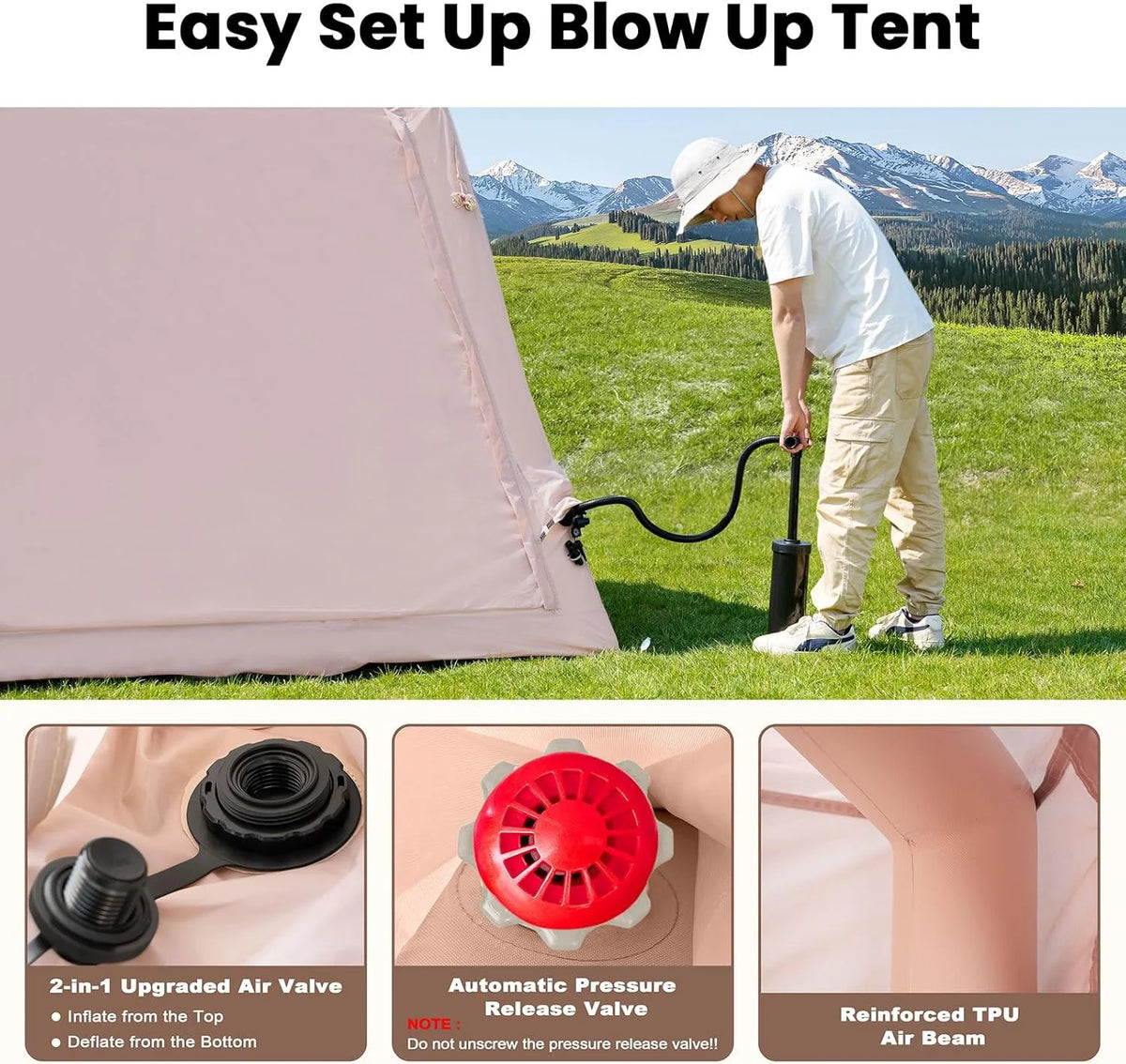 NAIZEA Inflatable Tents for Camping, Blow Up Tent with Hand Pump, Easy Setup Inflatable Hot Tent with Stove Jack, Waterproof Oxford Air Glamping Tents for Camping Adult 4-6 Person