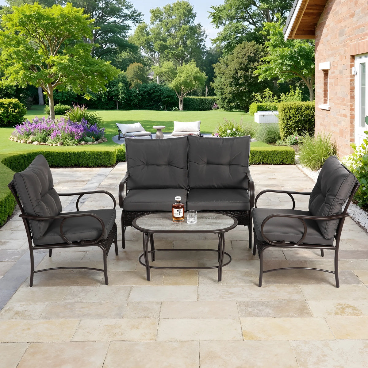 Patio Sofa Set, 4 Pieces Outdoor Sectional Furniture, All-Weather PE Rattan Wicker Patio Conversation Set, Cushioned Sofa Set with Coffee Table for Patio Garden Poolside Deck