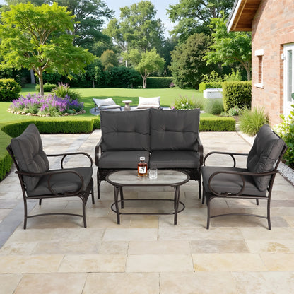 Patio Sofa Set, 4 Pieces Outdoor Sectional Furniture, All-Weather PE Rattan Wicker Patio Conversation Set, Cushioned Sofa Set with Coffee Table for Patio Garden Poolside Deck