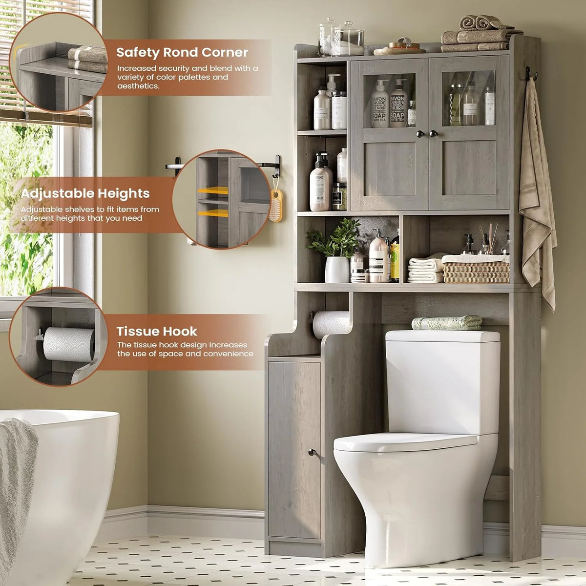 Over The Toilet Storage Cabinet with 3 Doors, Farmhouse Space Saver for Bathroom Organizer with Paper Holder, 10 Shelves and Hooks, 7-Tier Over Washing Machine Cabinet for Laundry, Bathroom, Natural