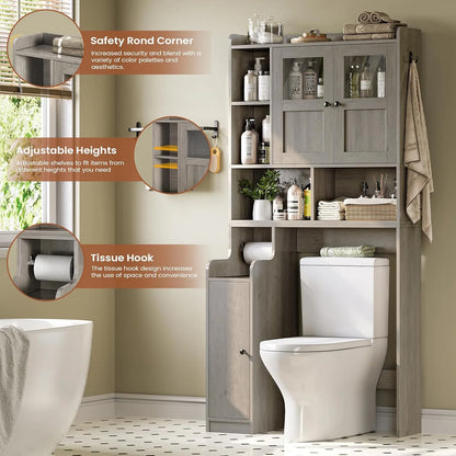 Over The Toilet Storage Cabinet with 3 Doors, Farmhouse Space Saver for Bathroom Organizer with Paper Holder, 10 Shelves and Hooks, 7-Tier Over Washing Machine Cabinet for Laundry, Bathroom, Natural