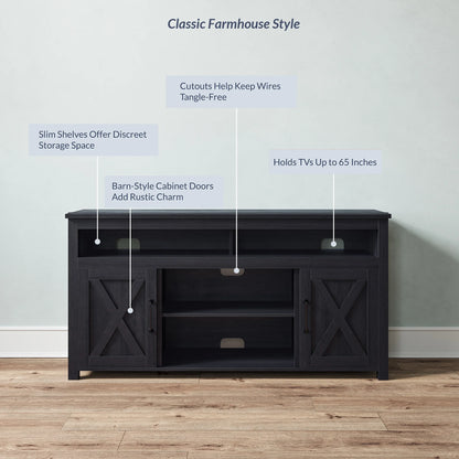 BELLEZE 58 Inch TV Stand, Contemporary Entertainment Center for TVs up to 65", Wood Media Console Table with Two Open Shelves and Barn Door Cabinets - Corin (White)