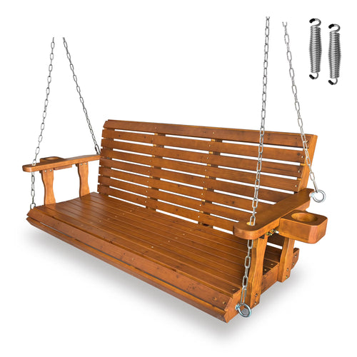 Fortune Candy 3 Person Outdoor Wood Hanging Swing, Heavy Duty 880 lbs Wood Porch Swing, Brown-5ft