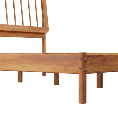 Walker Edison Mid-Century Modern Slatted Solid Wood Queen Bedframe, Natural Pine