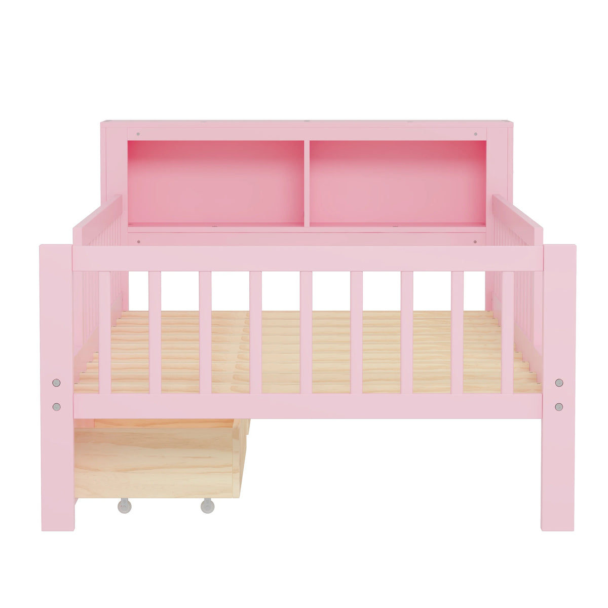 Euroco Wood Twin Size Platform Bed with Storage Headboard and Drawers, Low Profile Bed with Guardrails for Kids and Toddlers, White