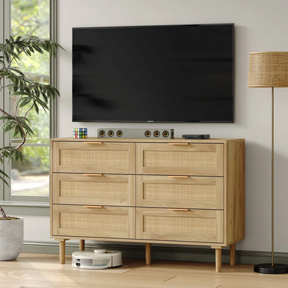 Furnihold 6 Drawer Rattan Dresser for Bedroom, Wooden Dresser Chest of Drawers, Storage Organizer for Closet, Beside Table for Living Room, Entryway
