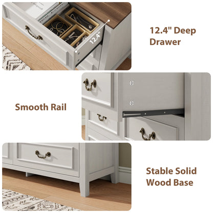 LainTene Dresser for Bedroom, Farmhouse White Dresser with Antique Handles, Vintage 6 Drawers Dresser, Chest of Drawers Storage Cabinet for Living Room, Entryway