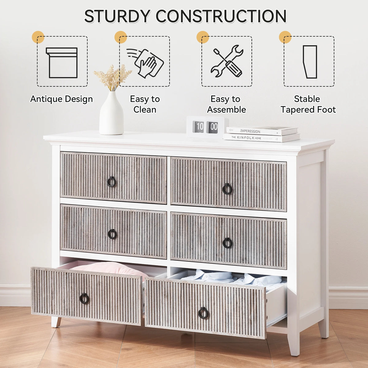 Homhougo White Dresser for Bedroom 6 Drawer, Wood Organizer Storage Cabinet with Gray Strip Drawer Door, Chest of Drawers for Closet, Living Room, Hallway, Nursery, Kids Bedroom