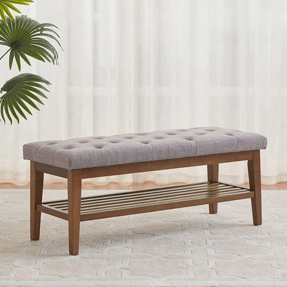 HUIMO Button-Tufted Bench for End of Bed, Entryway Bench with Upholstered Linen Fabric, Ottoman Bench for Living Room,Dining Bench for Kitchen(Beige)