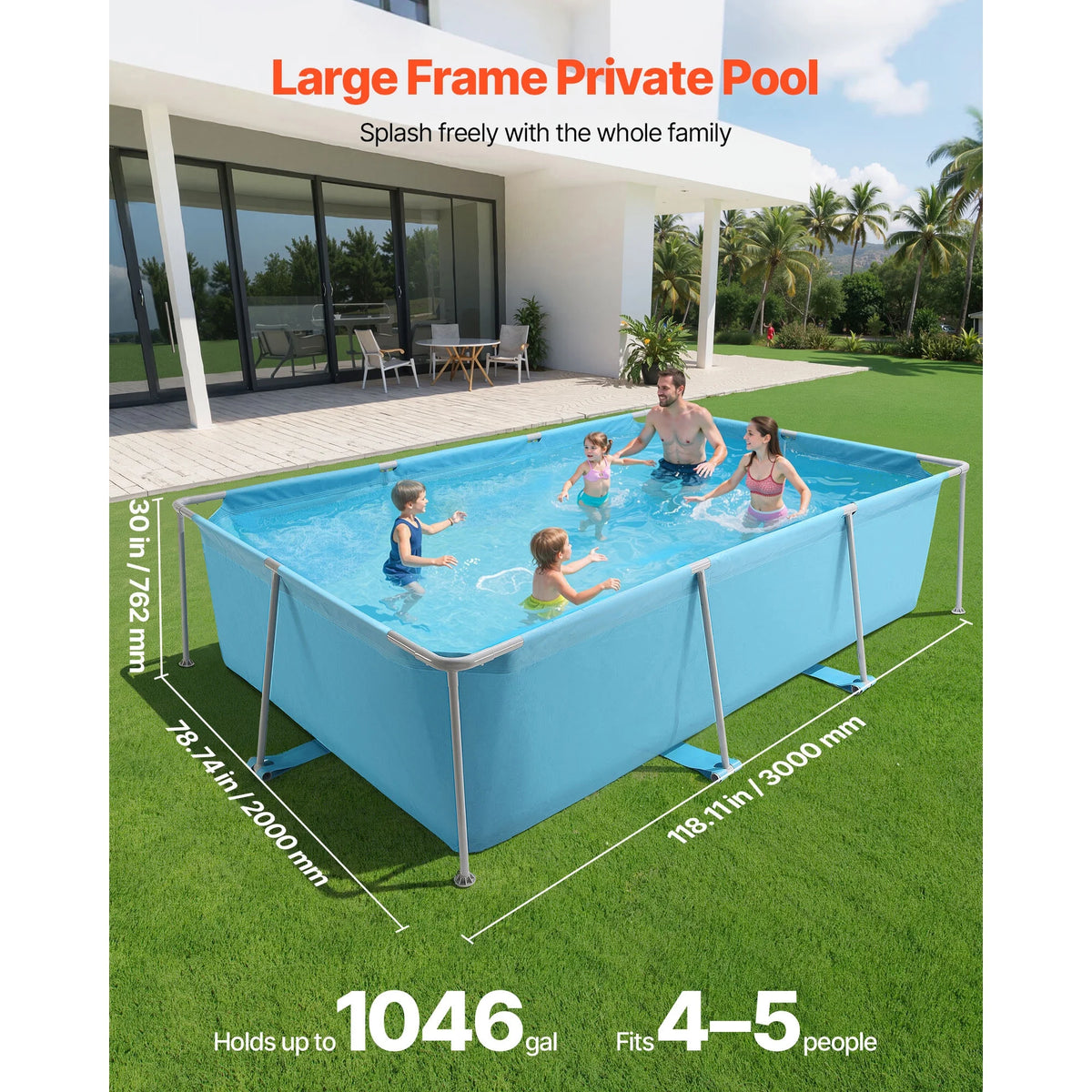 KFFKFF Rectangular Steel Frame Swimming Pool, 118 x 78 x 30 in, Durable Outdoor Family Pool for Backyard, Easy Assembly with Rust-Resistant Design, 1046 Gallon Capacity, Blue