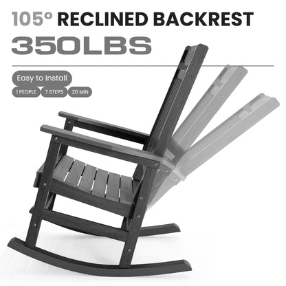 Naipo 1PC Patio Rocking Chair All-Weather, Oversized Porch Rocker Chair 400 lbs Weight Capacity, for Backyard, Fire Pit, Lawn, Garden, Outdoor and Indoor, Black
