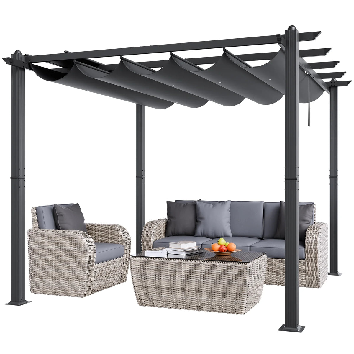 KFFKFF 10'x10' Aluminum Pergola, Outdoor with Retractable Sun Shade Canopy, Ideal for Patio, Garden, Deck, Backyard - Gray