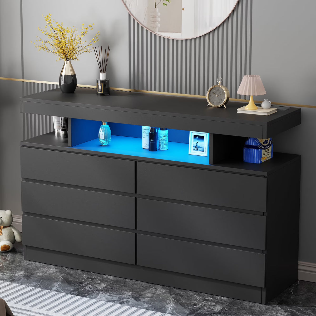 BEWISHOME Black 6-Drawer Dresser with LED Lights & Charging Station �C Modern Wood Storage Cabinet with Open Shelge Cabinet with Open Shelf, USB Ports & Outlets �C 47.24" Bedroom & Living Room TV Stand