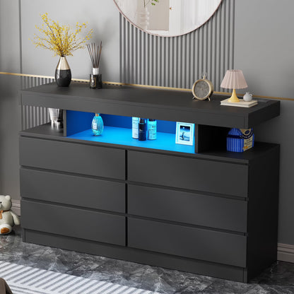 BEWISHOME Black 6-Drawer Dresser with LED Lights & Charging Station �C Modern Wood Storage Cabinet with Open Shelge Cabinet with Open Shelf, USB Ports & Outlets �C 47.24" Bedroom & Living Room TV Stand