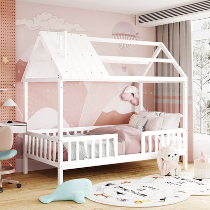 Euroco Twin Size Platform Bed, House Bed with Fence for Kids, Gray