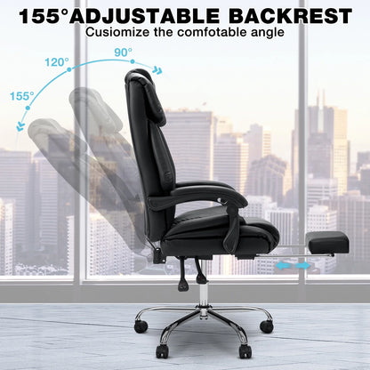 Hoffree Executive Office Chair Big and Tall Office Chair with Footrest Reclining Leather Chair High Back Ergonomic Computer Desk Chair with Lumbar Back Support for Home Office 500lbs, Black