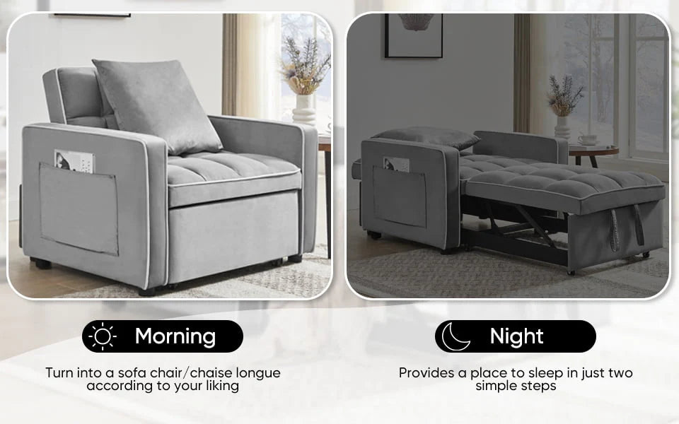 Muumblus Sleeper Sofa Chair Bed, 3-in-1 Convertible Sofa Chair with Pull Out Bed, Modern Adult Velvet Pull Out Sofa Bed for Living Room Apartment Small, Gray