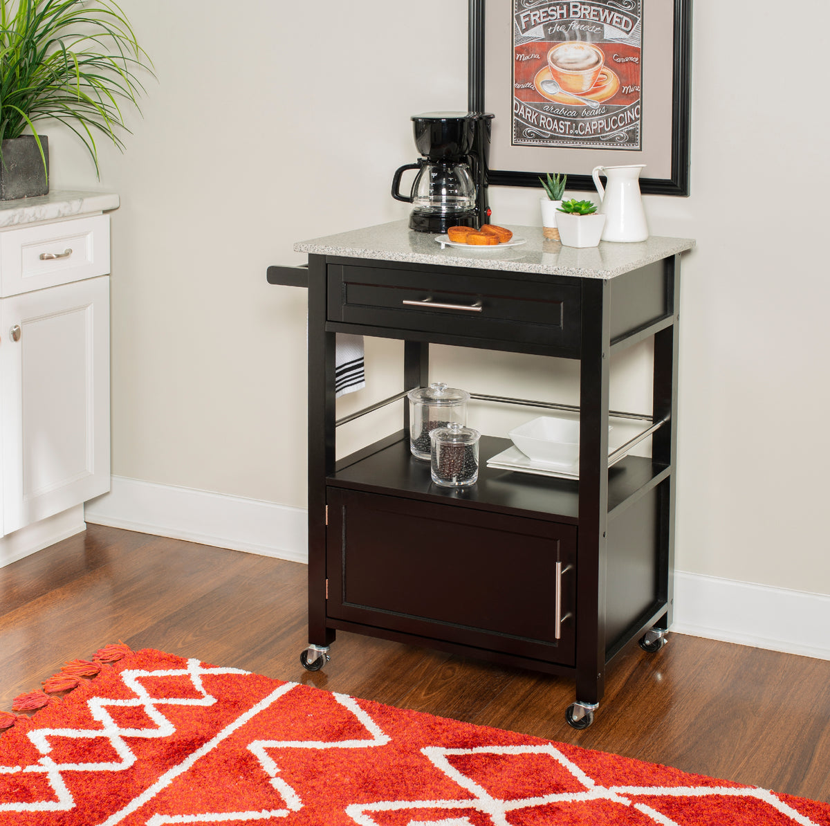 Linon Monett 2-Tier Mobile Serving Cart with Gray Granite Top, 27.75" Length, White