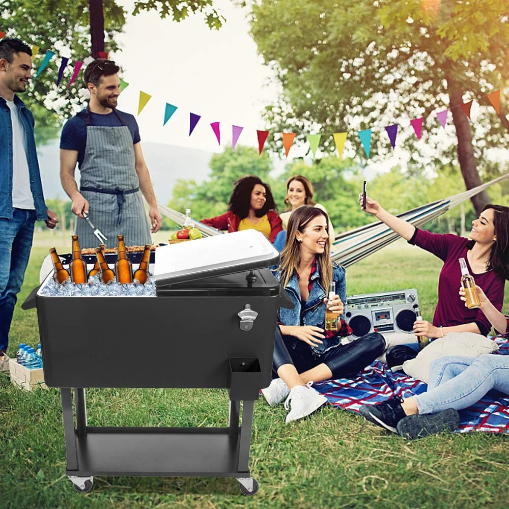 BNSPLY 80 Quart Outdoor Cooler Cart Rolling Ice Chest Cooler Cart, Portable Patio Cooler with Bottle Opener, Handles and Drainage, Standing Cooler for Patio Party, Camping and BBQ, Mint Green