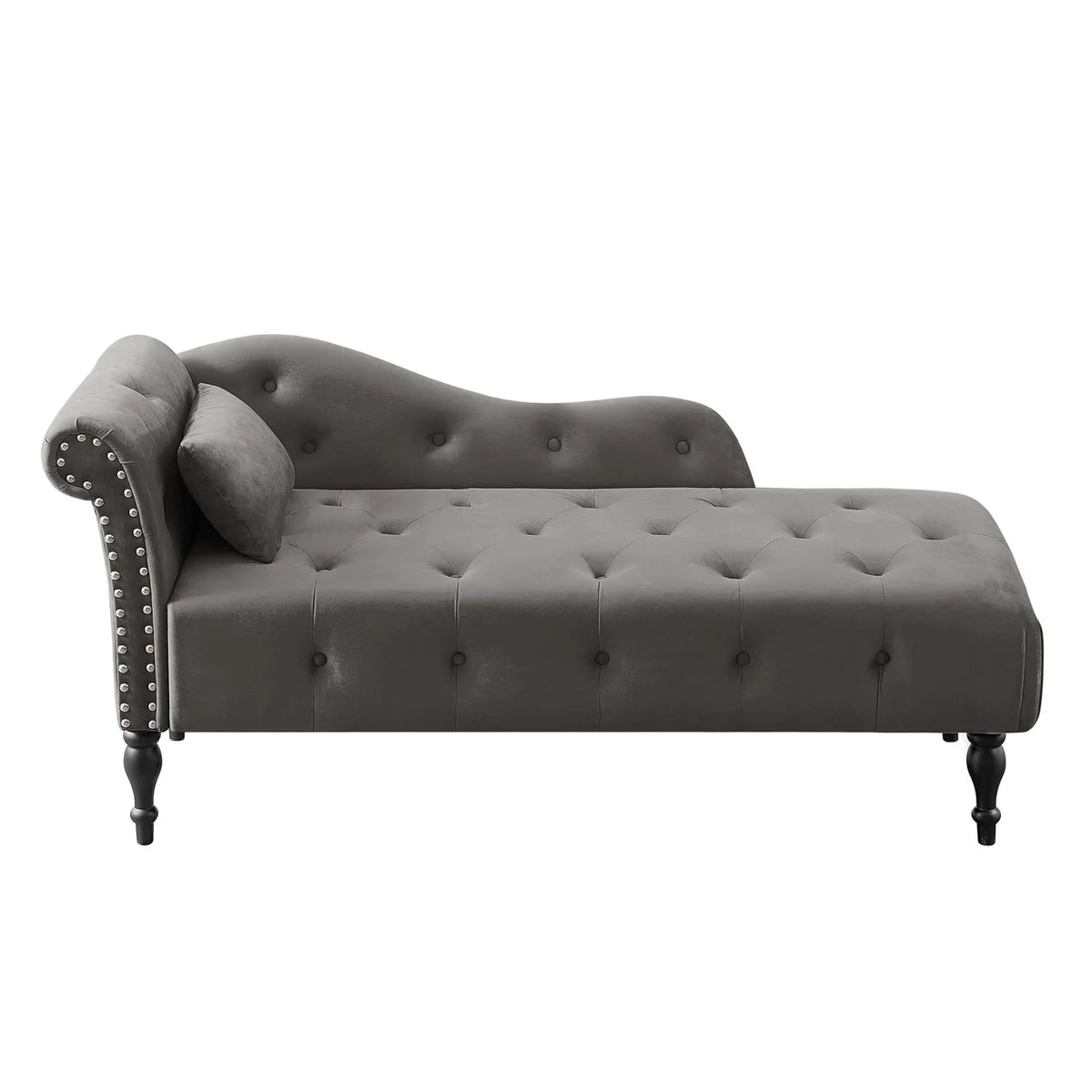 Chaise Lounge Chair, 60.6" Velvet Button Tufted Upholstered Lounge Couch with Solid Wood Legs and Pillow Elegant Couch Sleeper with Nailhead Trim & Armrest Chaise Lounge Indoor for Living Room, Grey