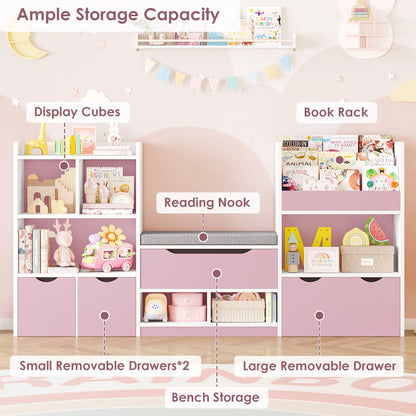Hiphuta 72"Wide Kids Bookcase with Reading Nook and Under Bench Storage, Wooden Toy Storage Organizer & Book Rack for Kids Room, White