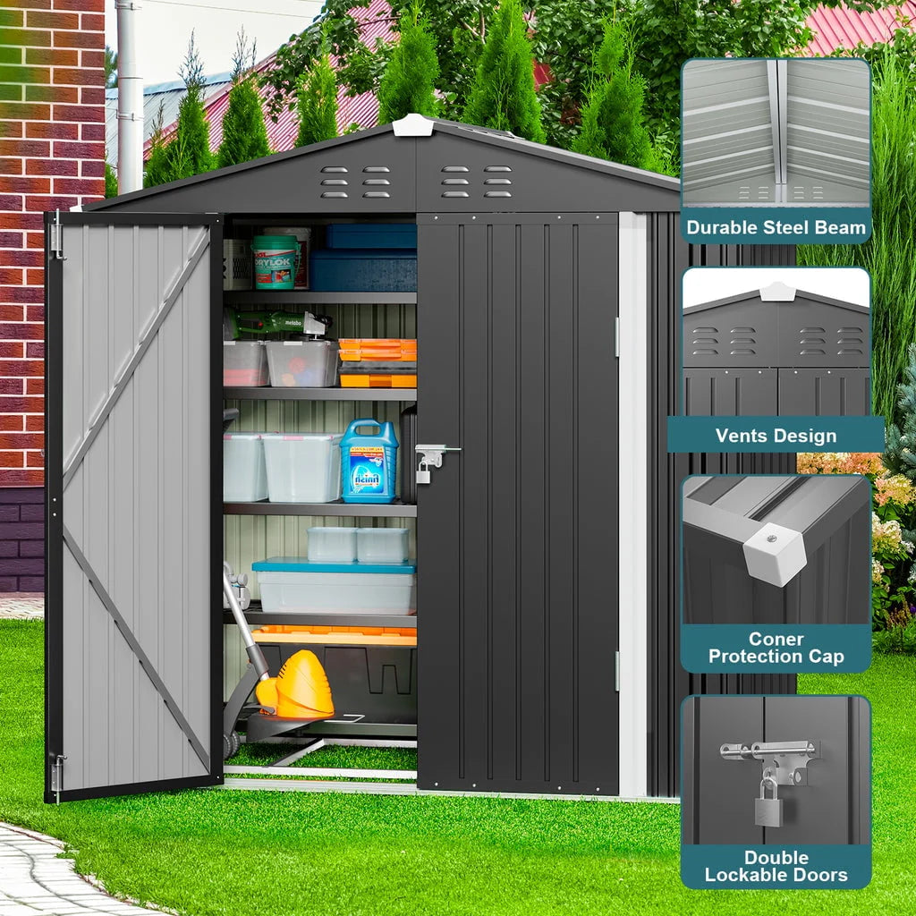 Aiho 6 x 4 FT Outdoor Storage Shed on Clearance with Metal Base  Frame and Double Lockable Doors for Garden, Patio- Grey